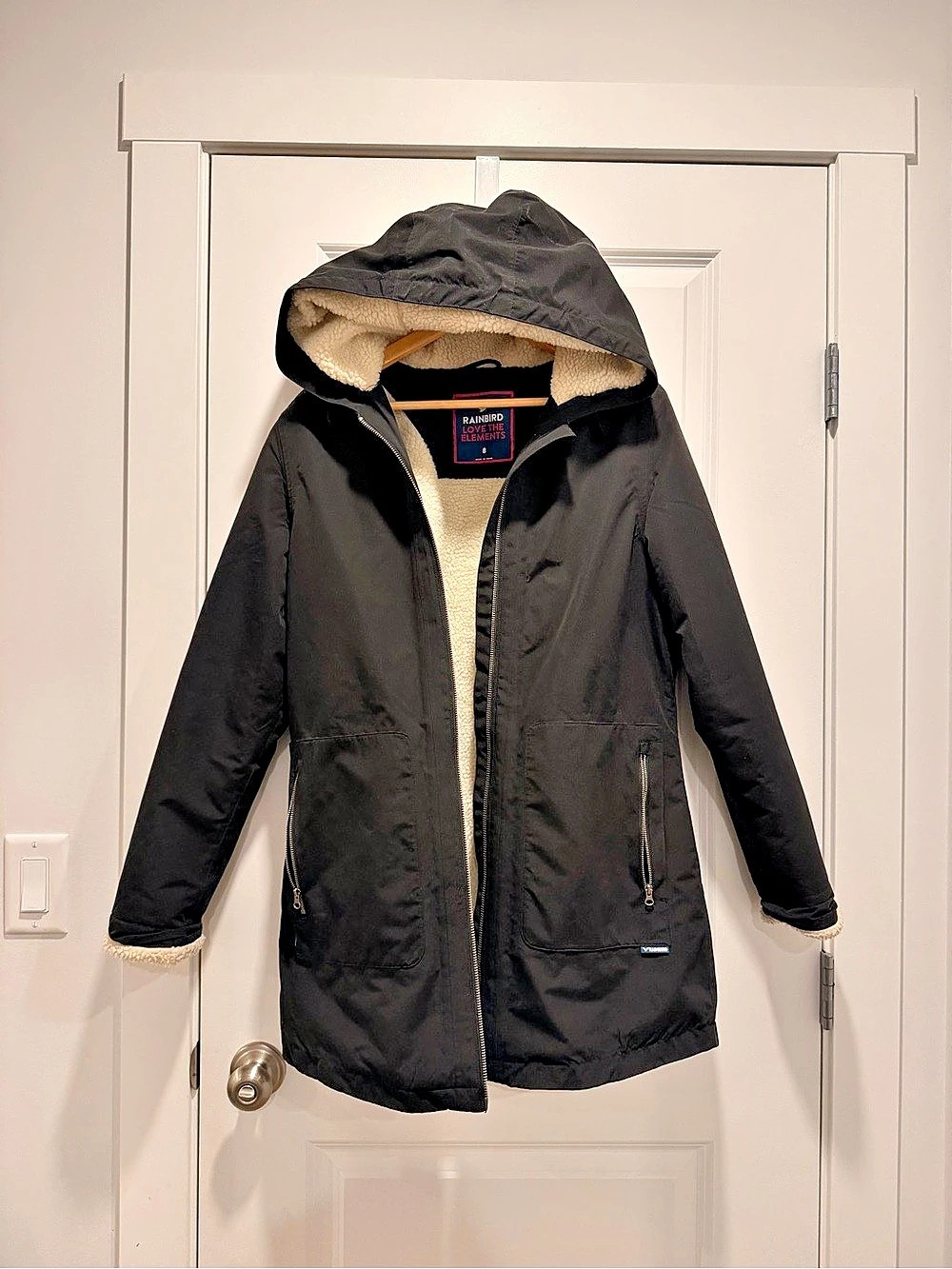 Rainbird Hooded Fleece-Lined Black & Cream Jacket AU Size 8/US size 4